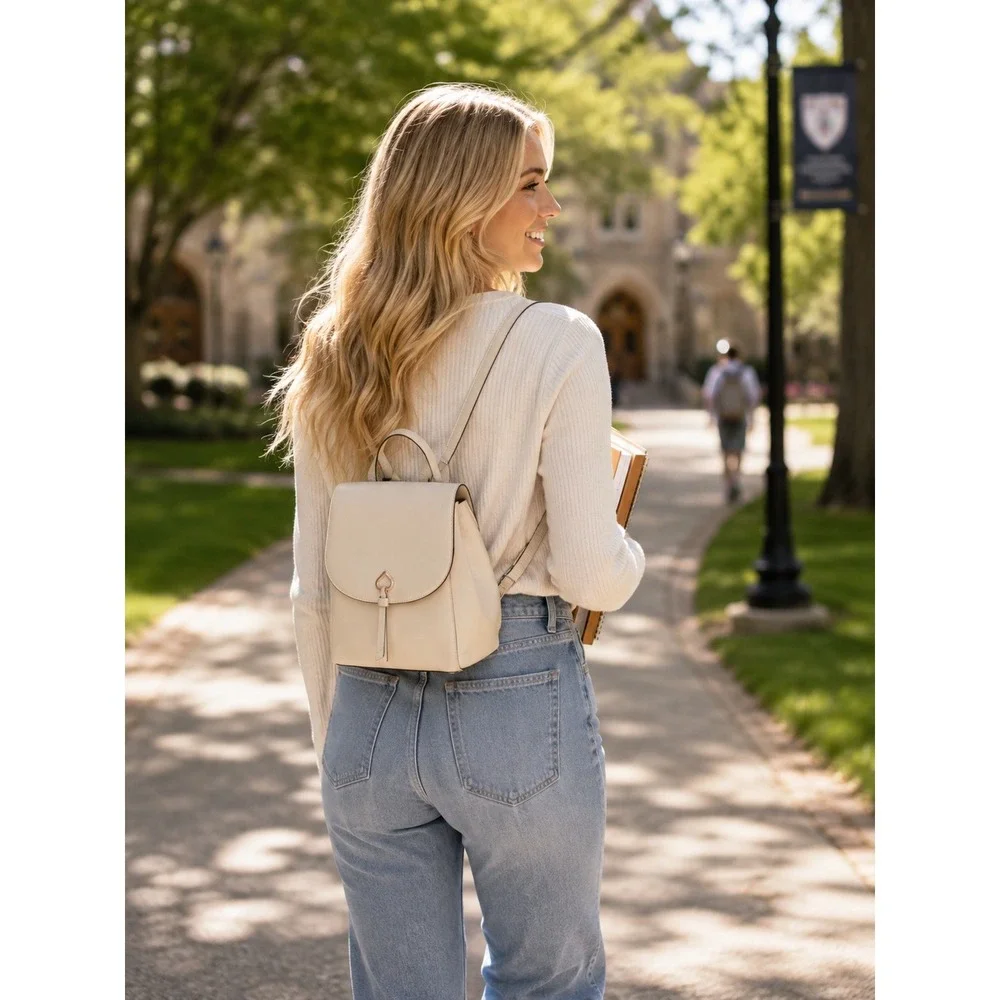 Kate‎ Spade Cream Leather Adel Flap Backpack Designer Bag Luxury Travel  Neutral